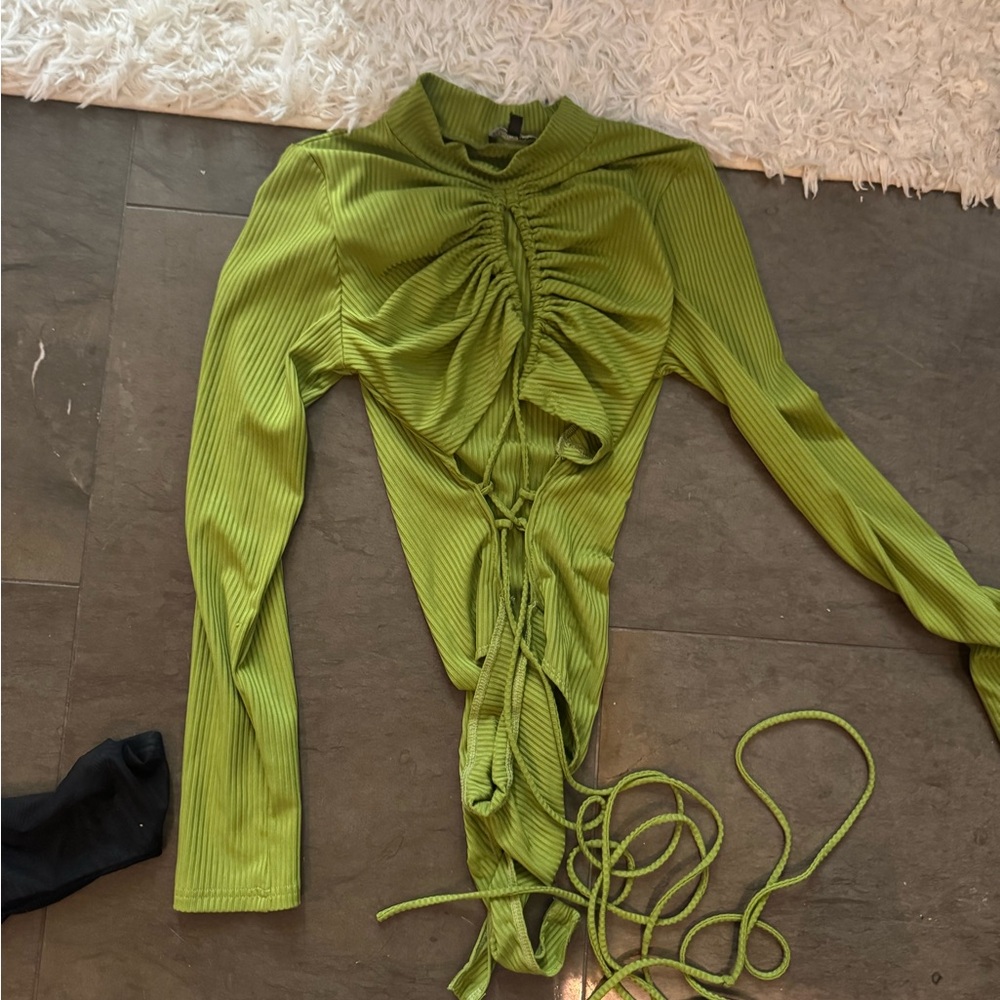 Ribbed Olive Green Drawstring Long Sleeve Top
